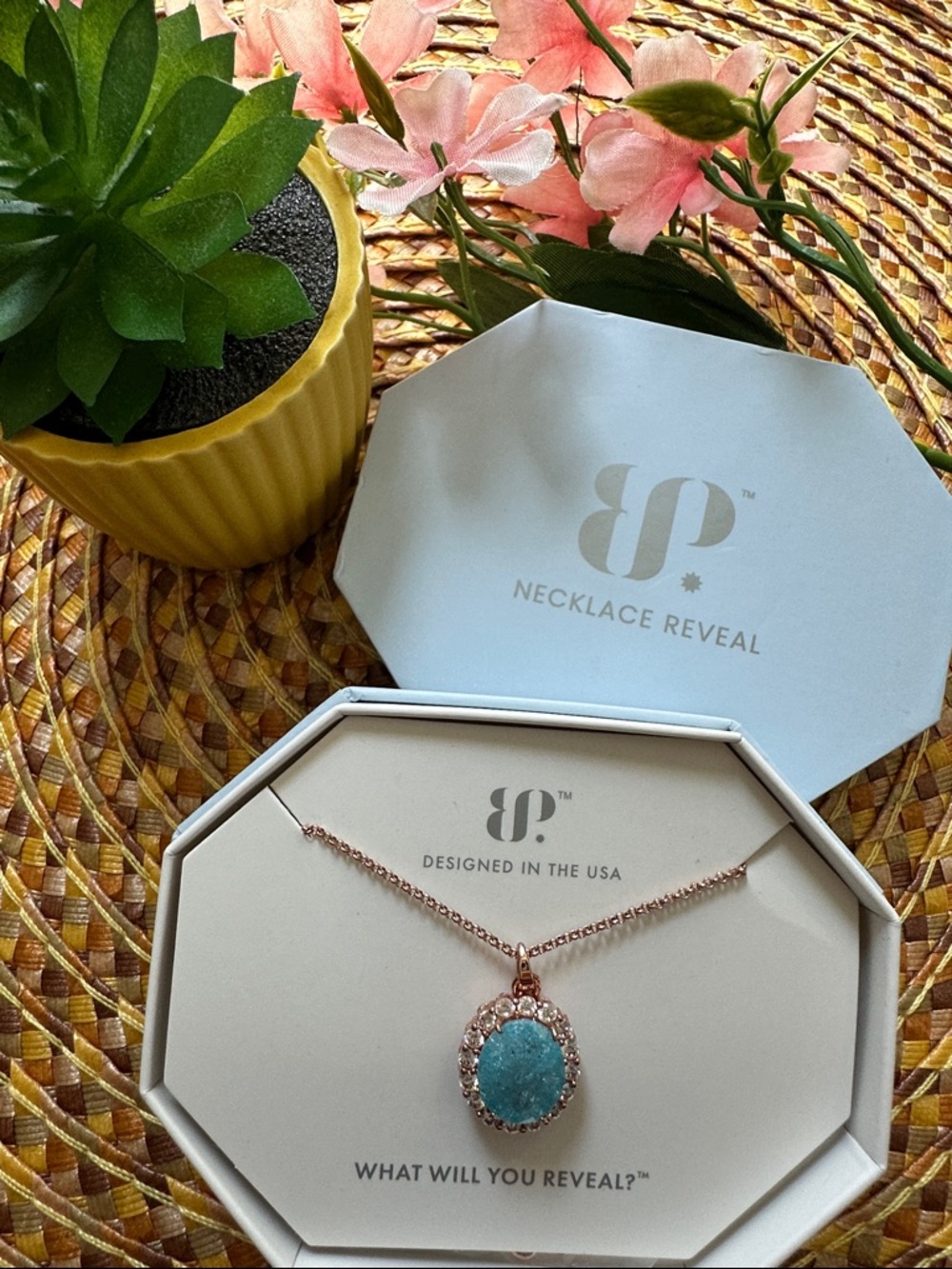 Rose Gold Necklace with Teal Blue Pendant